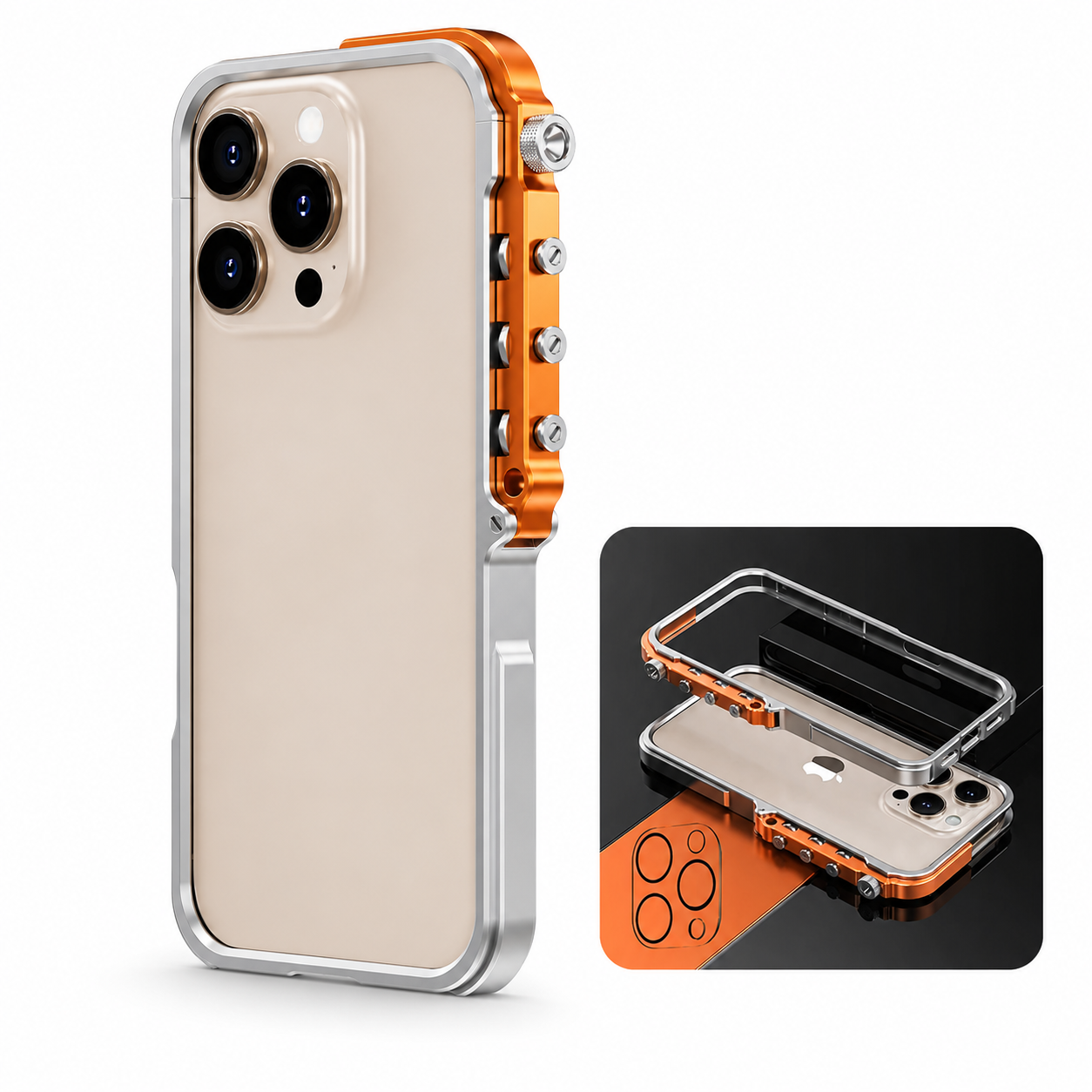 Premium iPhone Case Full-Metal Mechanical Mecha Cover, Shockproof Aluminum Protective Frame with Lanyard Support, Secure Grip and Drop Protection