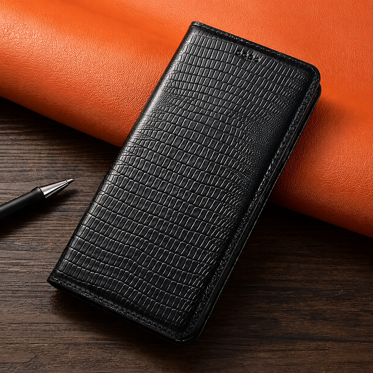 Premium iPhone Case Genuine Cowhide Leather Flip Cover Crocodile Grain Wallet Card Holder Magnetic Closure Shockproof Stand Function Business Style