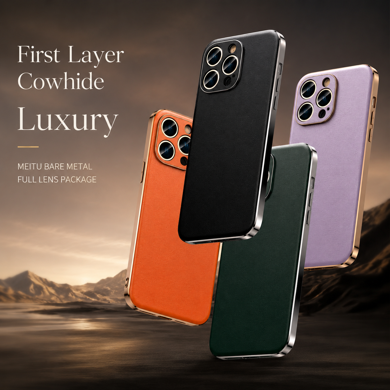 Premium iPhone Case Genuine Cowhide Leather Protective Cover Plating Frame Full Camera Lens Guard Shockproof TPU Edge Scratch Resistant Texture
