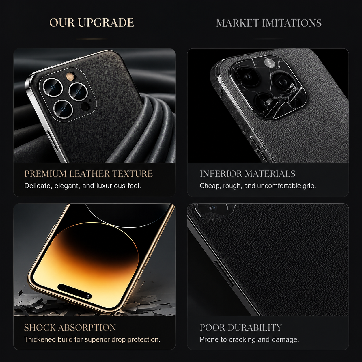 Premium iPhone Case Genuine Cowhide Leather Protective Cover Plating Frame Full Camera Lens Guard Shockproof TPU Edge Scratch Resistant Texture
