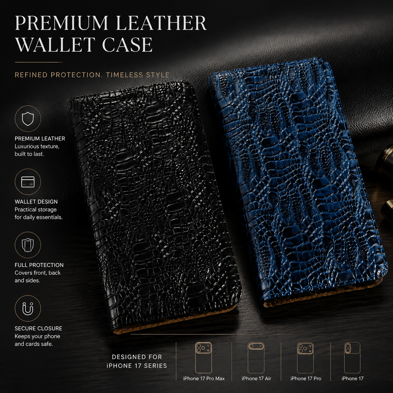 Premium iPhone Case Genuine Leather Flip Cover Card Holder Shockproof Non Slip Grip Full Protection Durable Protective Case Luxury Design Magnetic Closure