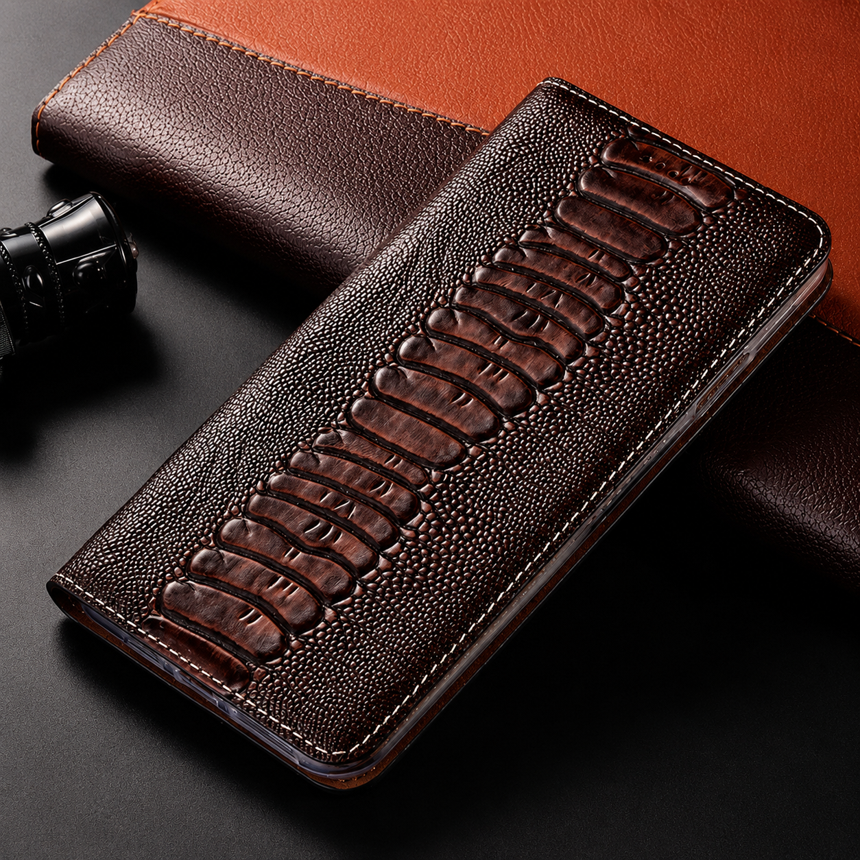 Premium iPhone Case Genuine Leather Flip Wallet Cover Card Slots Camera Lens Protection Magnetic Closure Shockproof Full Protection Slim Design