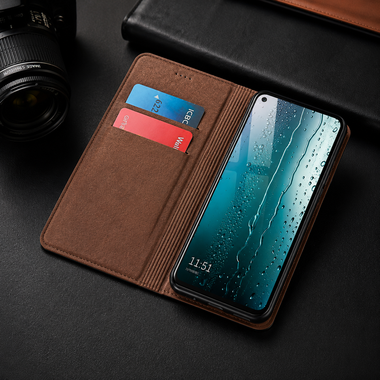 Premium iPhone Case Genuine Leather Flip Wallet Cover Magnetic Closure Kickstand Holder Camera Lens Protection Secure Card Storage Full Body Design