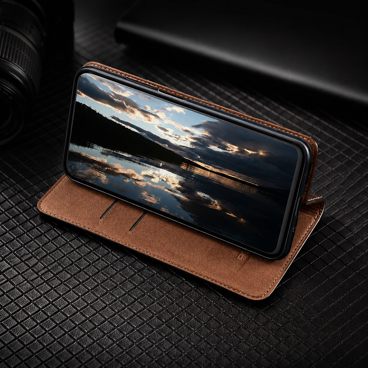 Premium iPhone Case Genuine Leather Flip Wallet Cover Magnetic Closure Kickstand Holder Camera Lens Protection Secure Card Storage Full Body Design