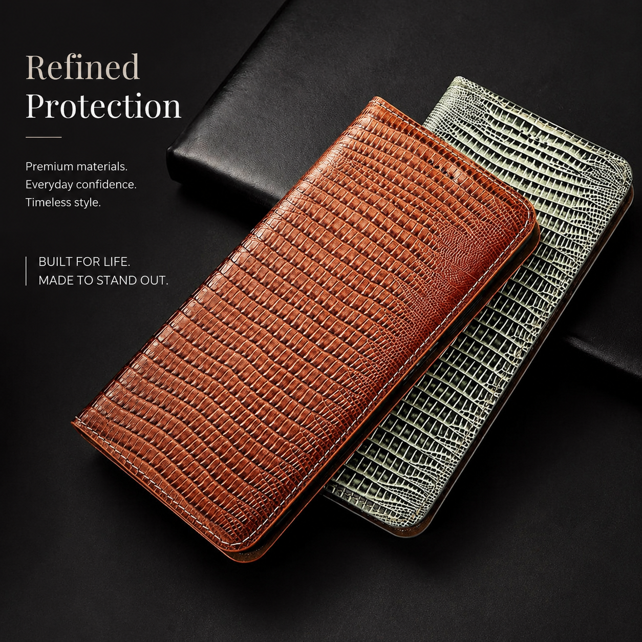 Premium iPhone Case Genuine Leather Flip Wallet Cover Magnetic Closure Kickstand Holder Camera Lens Protection Secure Card Storage Full Body Design