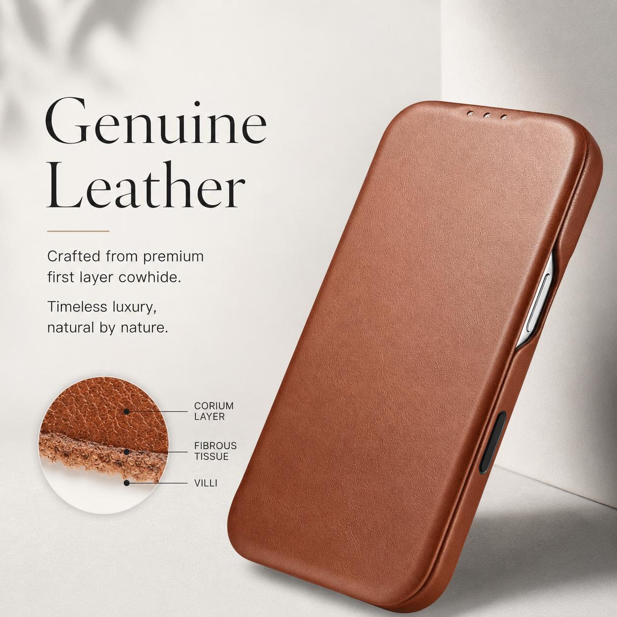 Premium iPhone Case Genuine Leather Folio Cover with Magnetic Closure, Camera Lens Protection, Wireless Charging Support and Shockproof Design