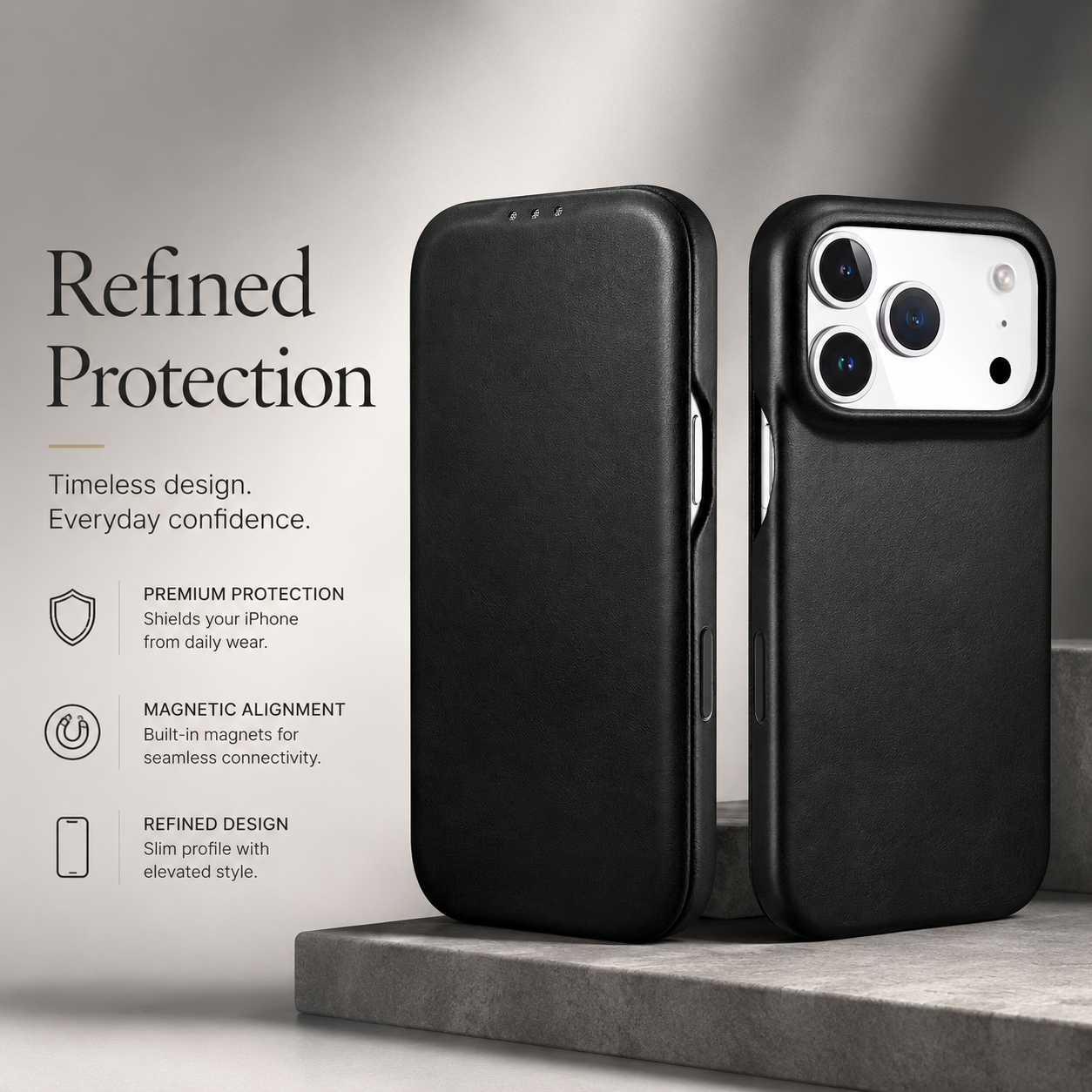 Premium iPhone Case Genuine Leather Folio Cover with Magnetic Closure, Camera Lens Protection, Wireless Charging Support and Shockproof Design