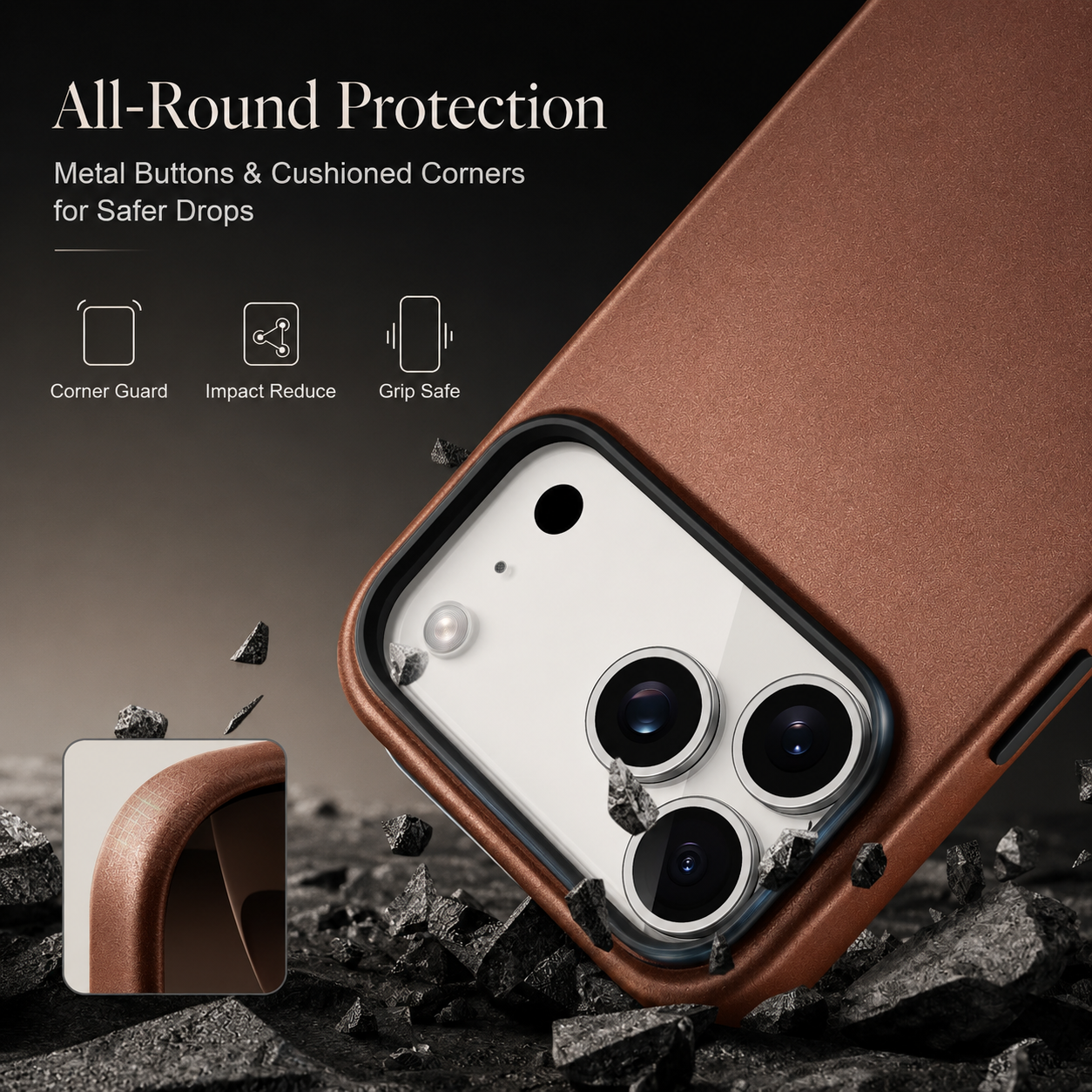 Premium iPhone Case Genuine Leather MagSafe Compatible Cover, Shockproof Full-Coverage Protection with Anti-Fingerprint Finish and Non-Slip Grip