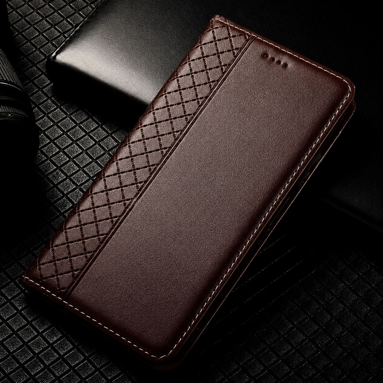 Premium iPhone Case Genuine Leather Wallet Cover Camera Lens Protection Magnetic Flip Kickstand Shockproof TPU Bumper Full Coverage Design