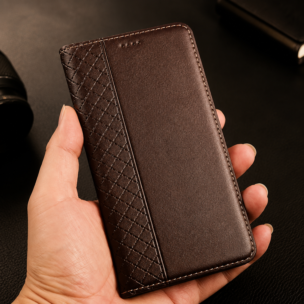 Premium iPhone Case Genuine Leather Wallet Cover Camera Lens Protection Magnetic Flip Kickstand Shockproof TPU Bumper Full Coverage Design