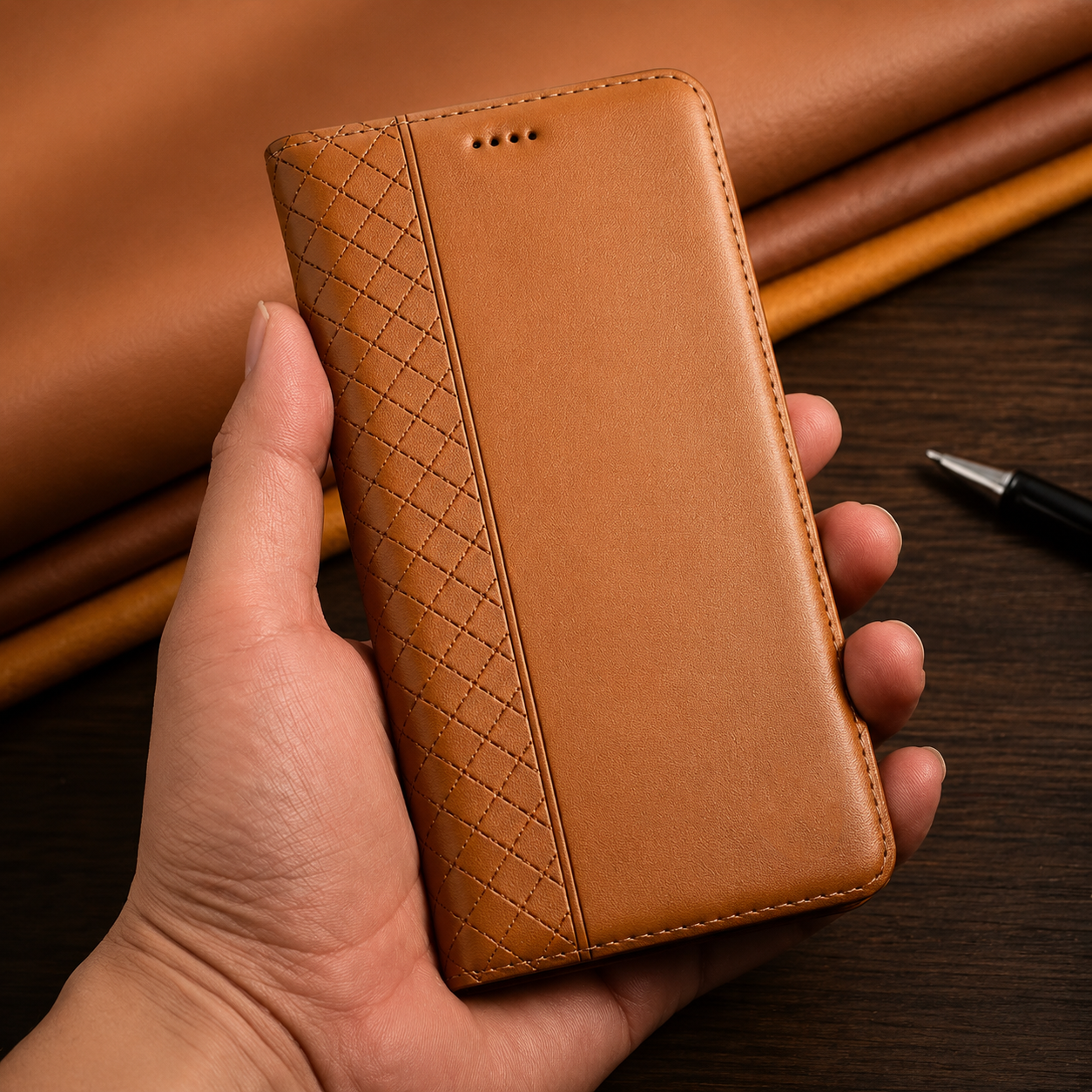 Premium iPhone Case Genuine Nappa Leather Wallet Flip Cover Card Holder Magnetic Closure Shockproof Stand Function Full Body Business Design
