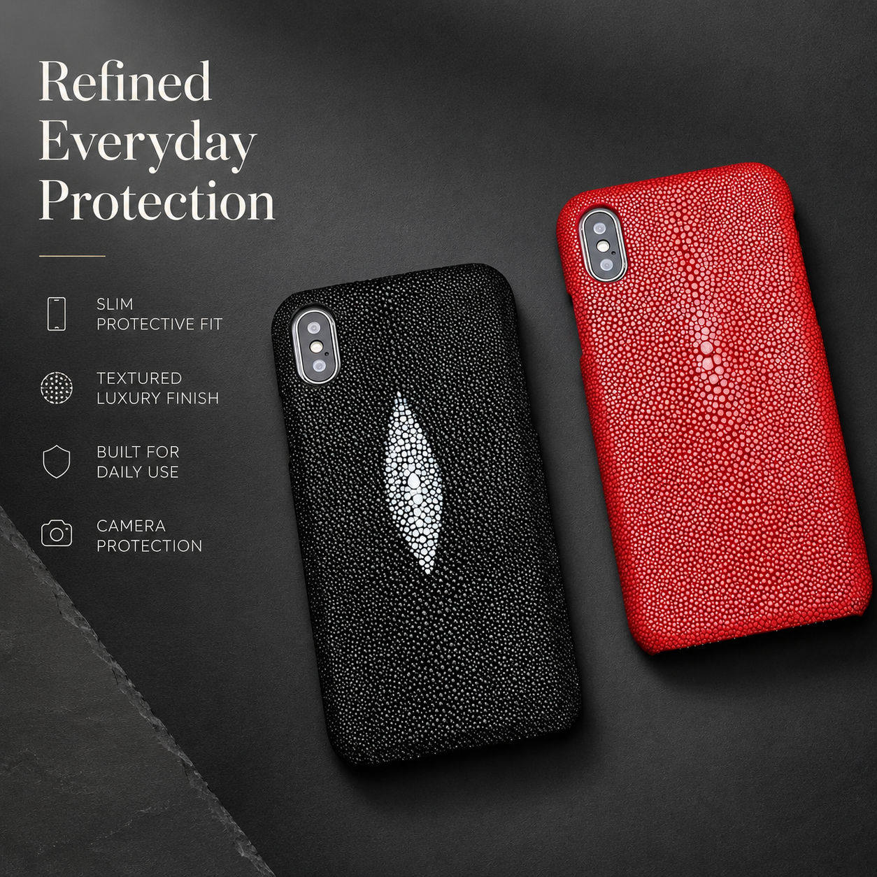 Premium iPhone Case Genuine Stingray Leather Cover with Camera Lens Protection, Shockproof Anti Scratch Design, Lightweight Half Wrapped Fit