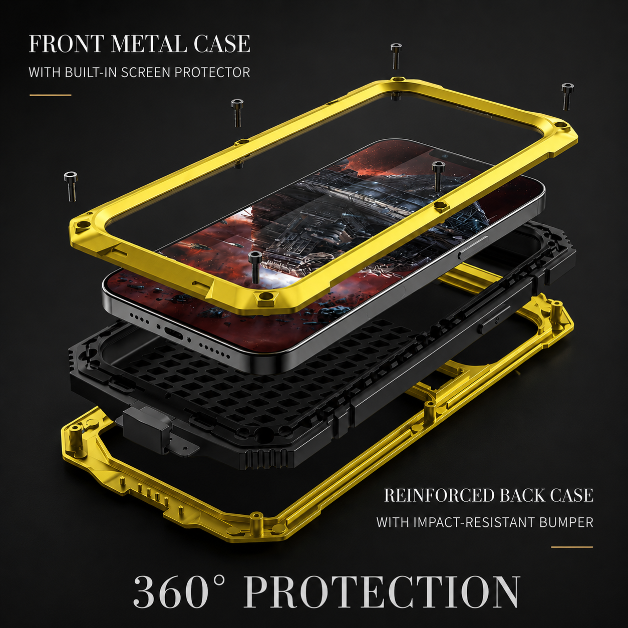 Premium iPhone Case Heavy-Duty Aluminum Armor Cover MagSafe Compatible Shockproof Bumper Screen Guard Dustproof Anti-Fingerprint Secure Grip