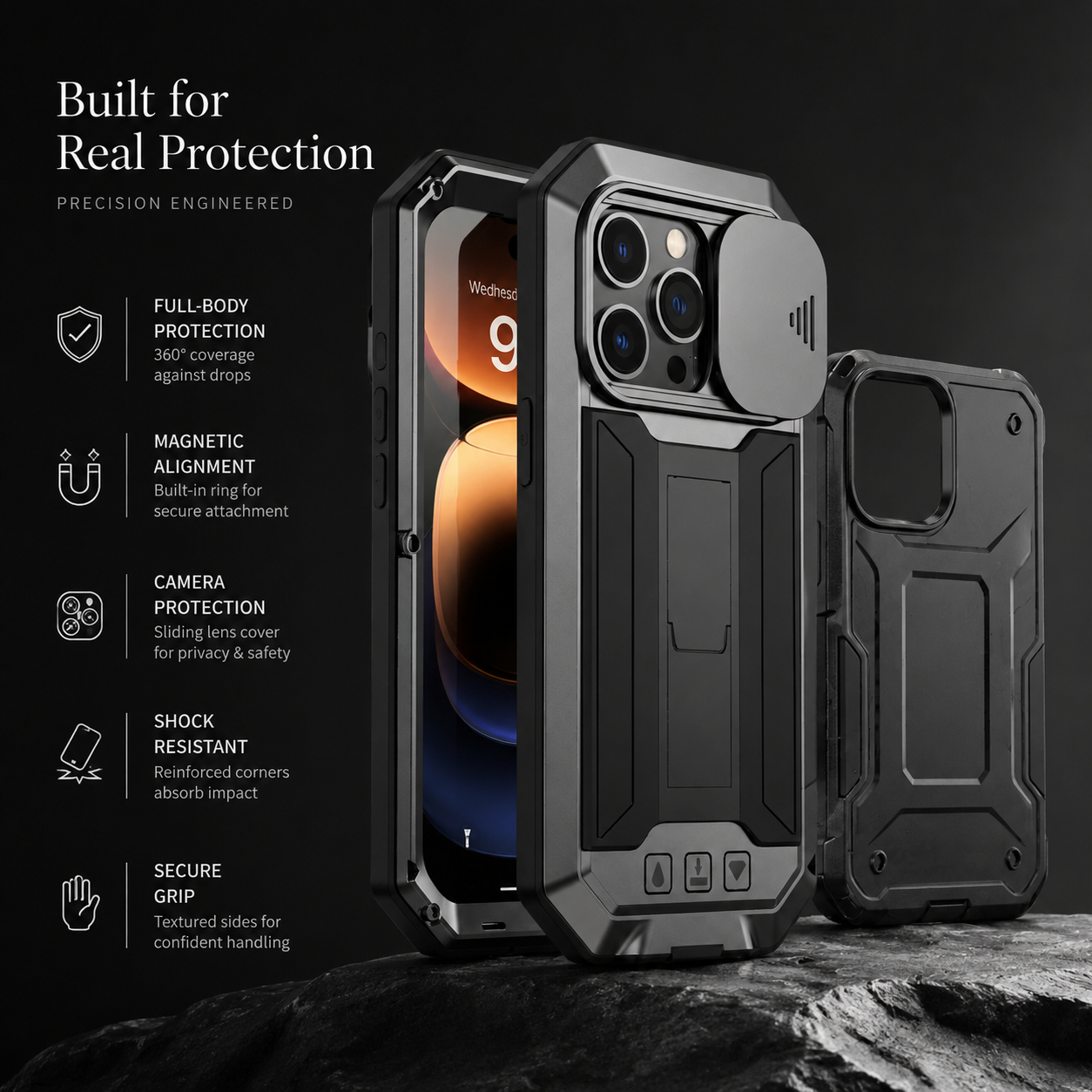 Premium iPhone Case Heavy-Duty Aluminum Metal Cover, Shockproof Protective Design with Built-In Screen Protection, Dustproof Structure and Camera Protection