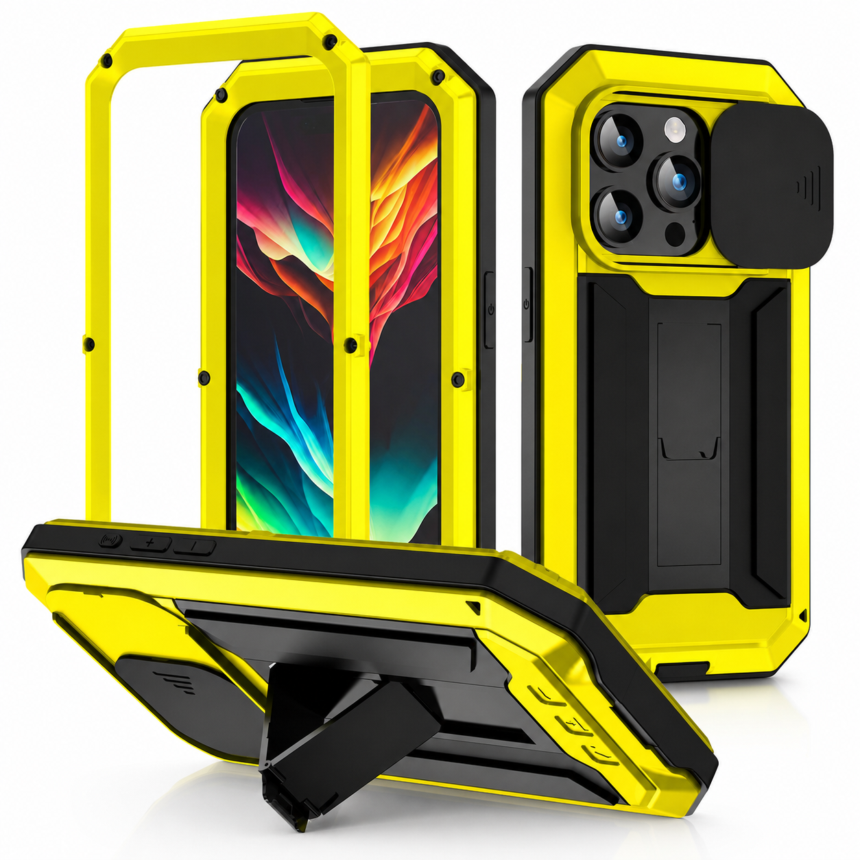 Premium iPhone Case Heavy-Duty Aluminum Metal Full-Body Cover with Tempered Glass Screen, Lens Slider, Shockproof Dual-Layer Protection and Multi-Angle Kickstand