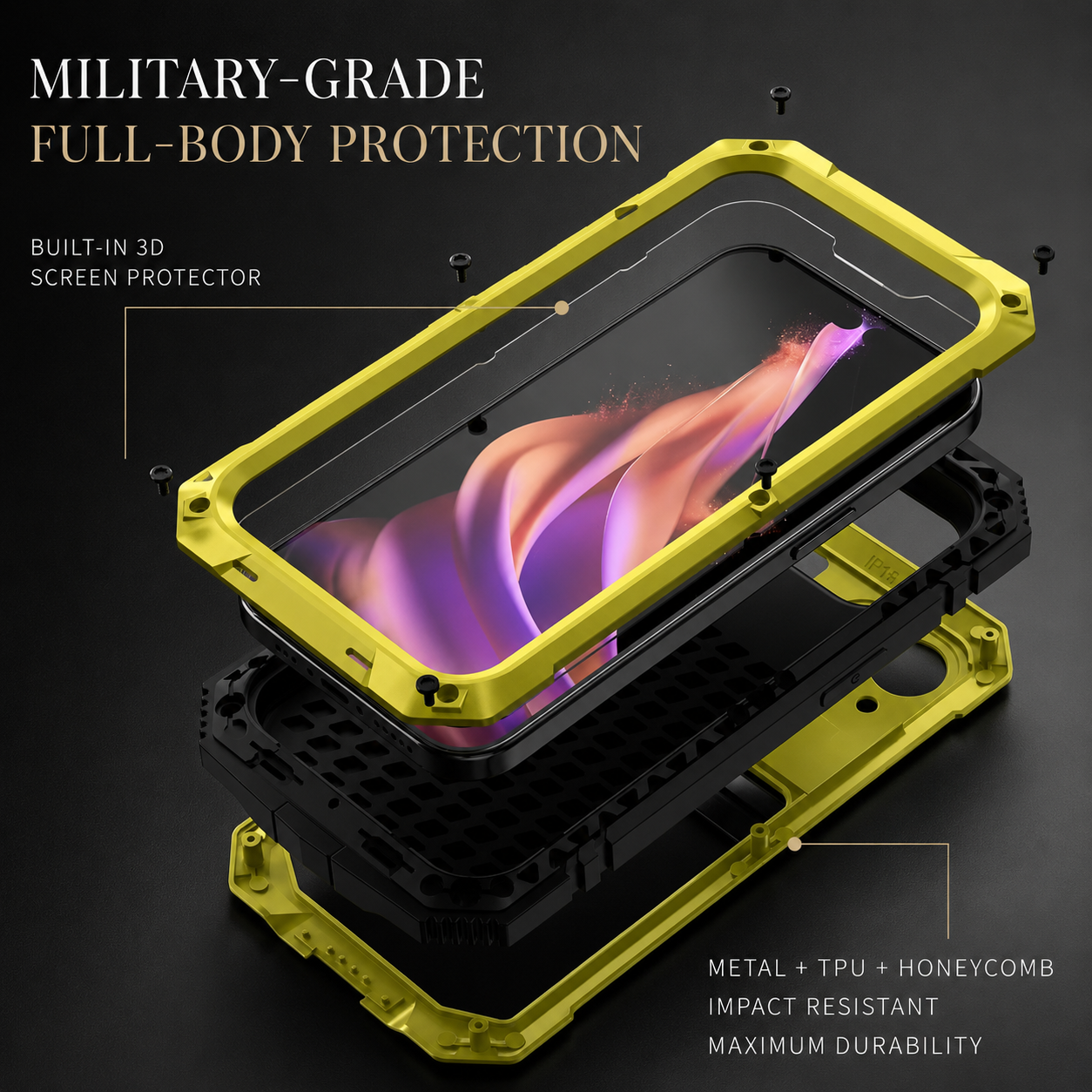 Premium iPhone Case Heavy-Duty Aluminum Metal Full-Body Cover with Tempered Glass Screen, Lens Slider, Shockproof Dual-Layer Protection and Multi-Angle Kickstand