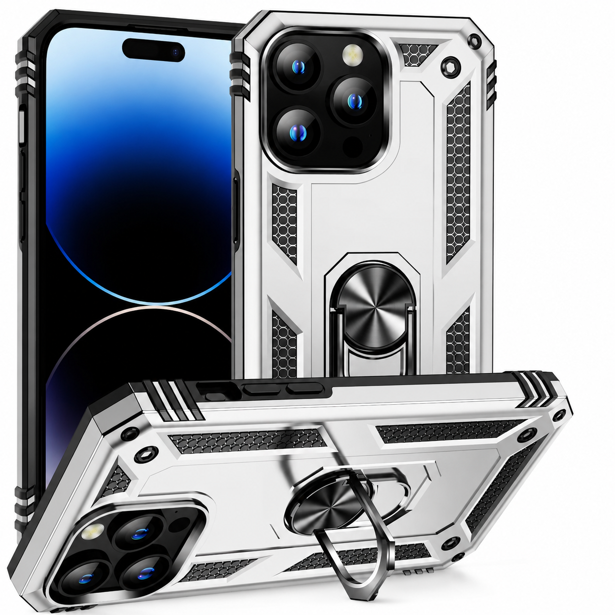 Premium iPhone Case Heavy Duty PC TPU Build with Camera Lens Protection, Metal Bracket Holder, Shock Resistant Anti Drop Structure, Non Slip Grip