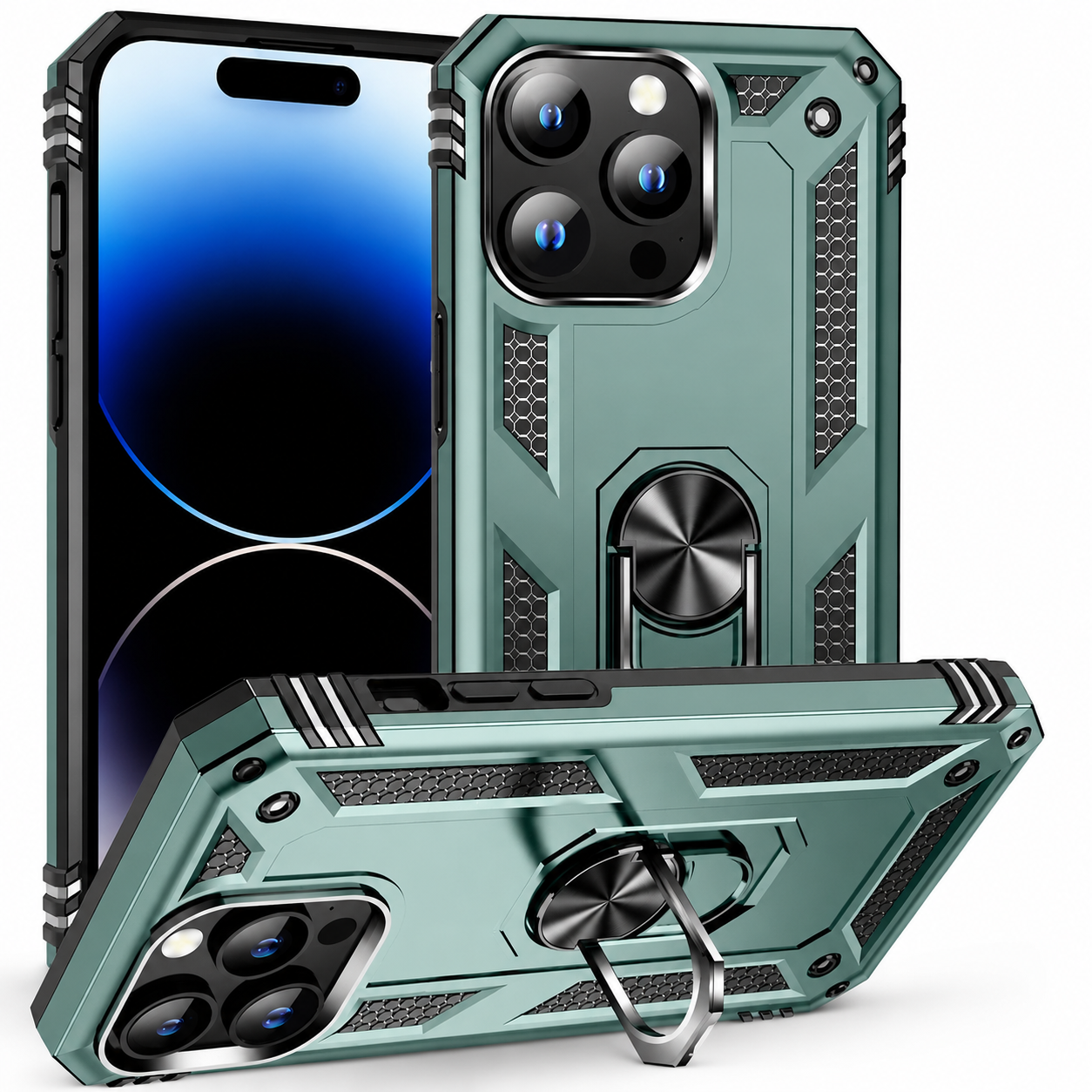 Premium iPhone Case Heavy Duty PC TPU Build with Camera Lens Protection, Metal Bracket Holder, Shock Resistant Anti Drop Structure, Non Slip Grip