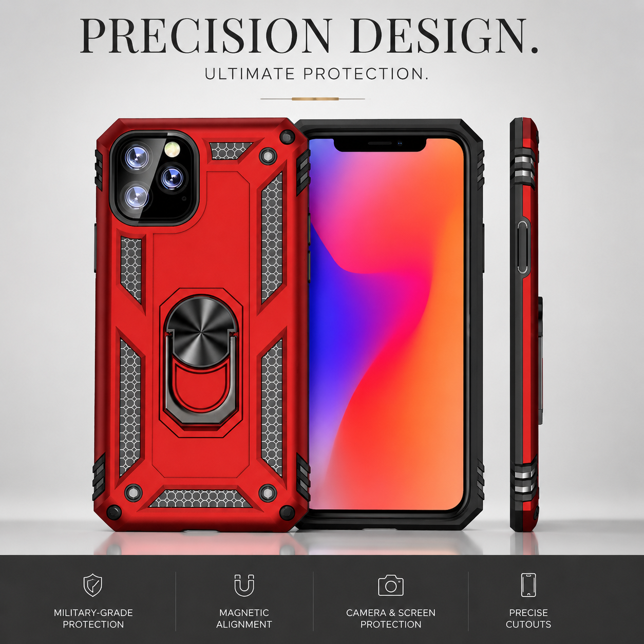 Premium iPhone Case Heavy Duty PC TPU Build with Camera Lens Protection, Metal Bracket Holder, Shock Resistant Anti Drop Structure, Non Slip Grip