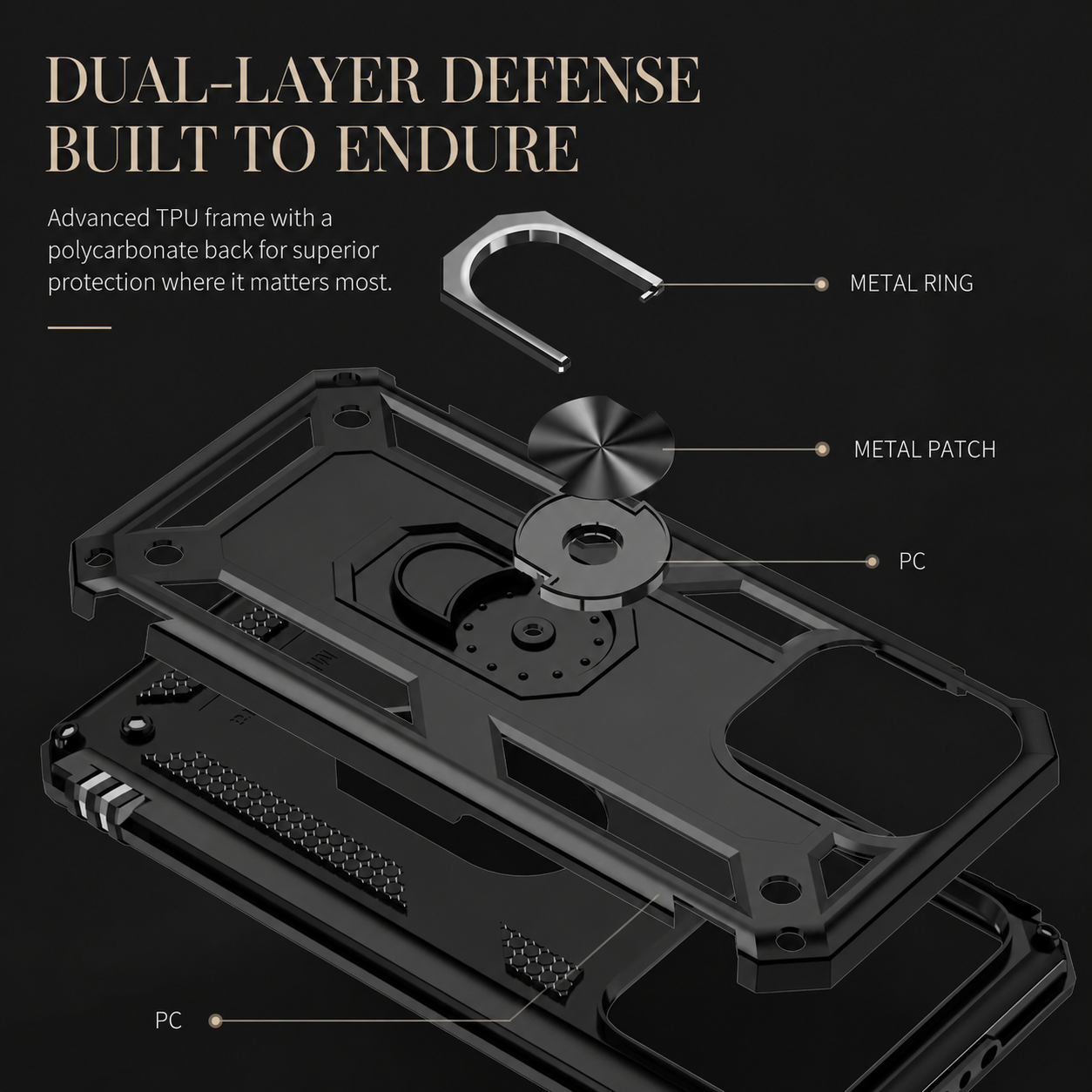 Premium iPhone Case Heavy Duty PC TPU Build with Camera Lens Protection, Metal Bracket Holder, Shock Resistant Anti Drop Structure, Non Slip Grip