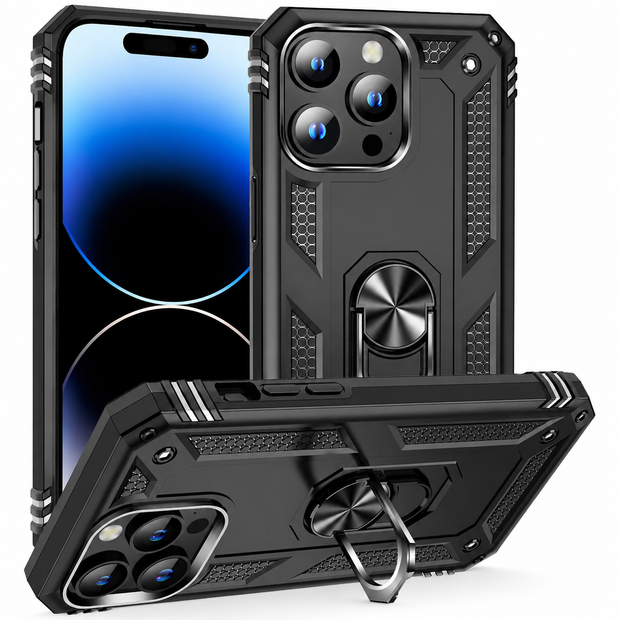 Premium iPhone Case Heavy Duty PC TPU Build with Camera Lens Protection, Metal Bracket Holder, Shock Resistant Anti Drop Structure, Non Slip Grip