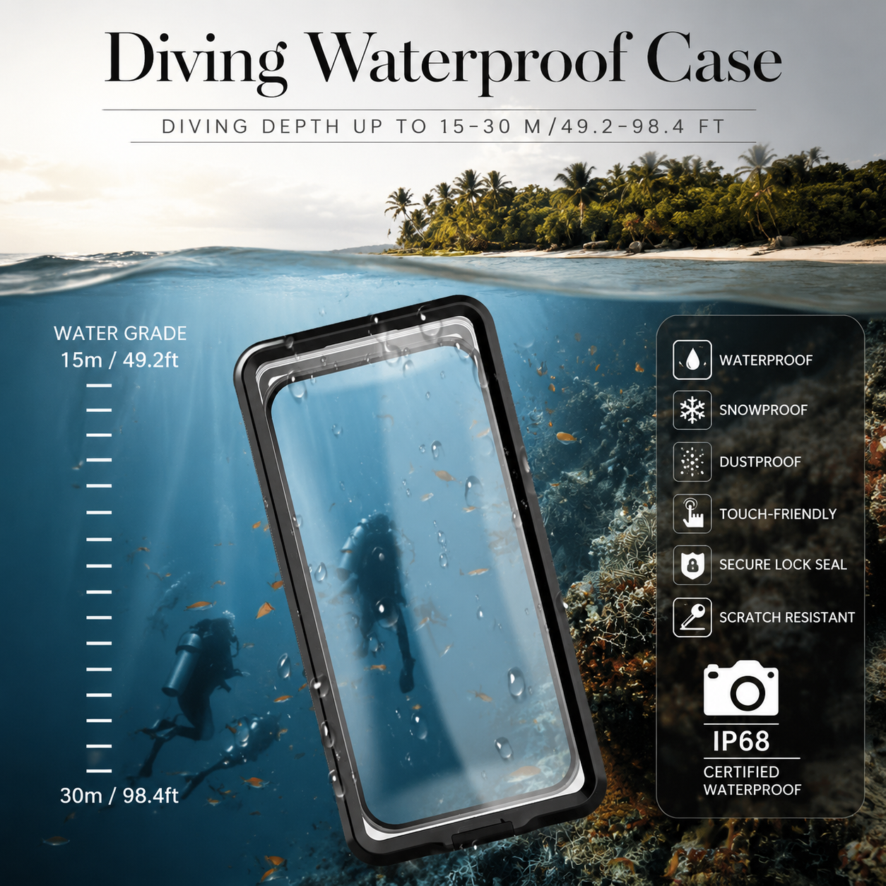 Premium iPhone Case IP68 Waterproof Protective Cover Full Body Shockproof Vacuum Seal System Dustproof Touchscreen Access Underwater Ready Design