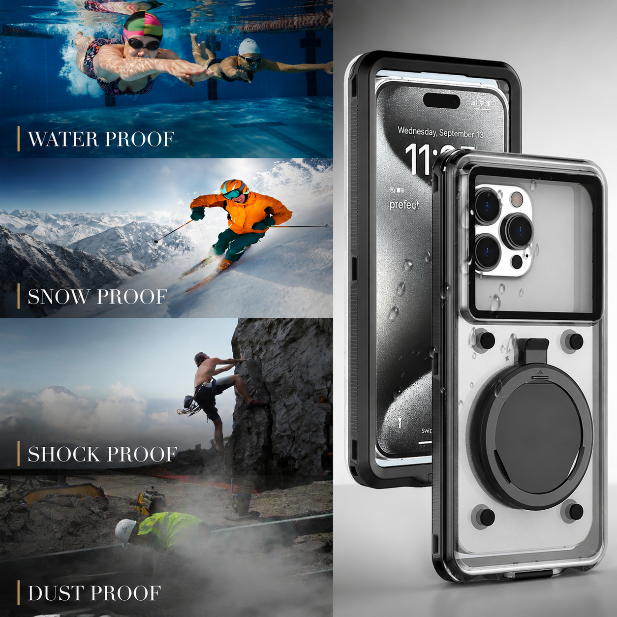 Premium iPhone Case IP68 Waterproof Protective Cover Full Body Shockproof Vacuum Seal System Dustproof Touchscreen Access Underwater Ready Design
