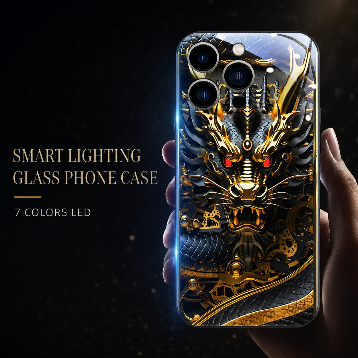 Premium iPhone Case LED Luminous Protective Cover Golden Dragon Design Camera Lens Protection Shockproof Tempered Glass Back Ultra Thin