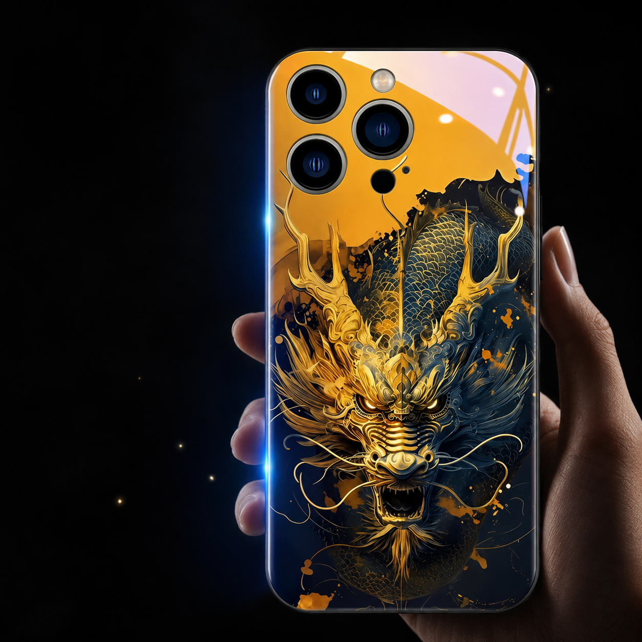 Premium iPhone Case LED Luminous Protective Cover Golden Dragon Design Camera Lens Protection Shockproof Tempered Glass Back Ultra Thin