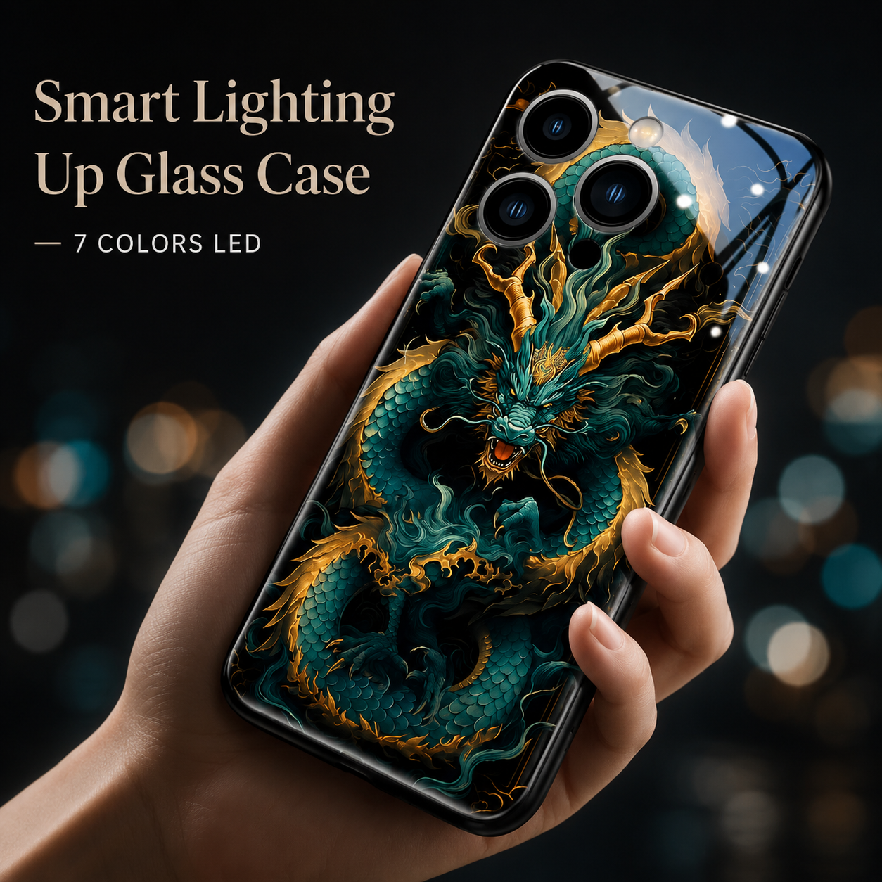 Premium iPhone Case LED Luminous Protective Cover Golden Dragon Design Camera Lens Protection Shockproof Tempered Glass Back Ultra Thin