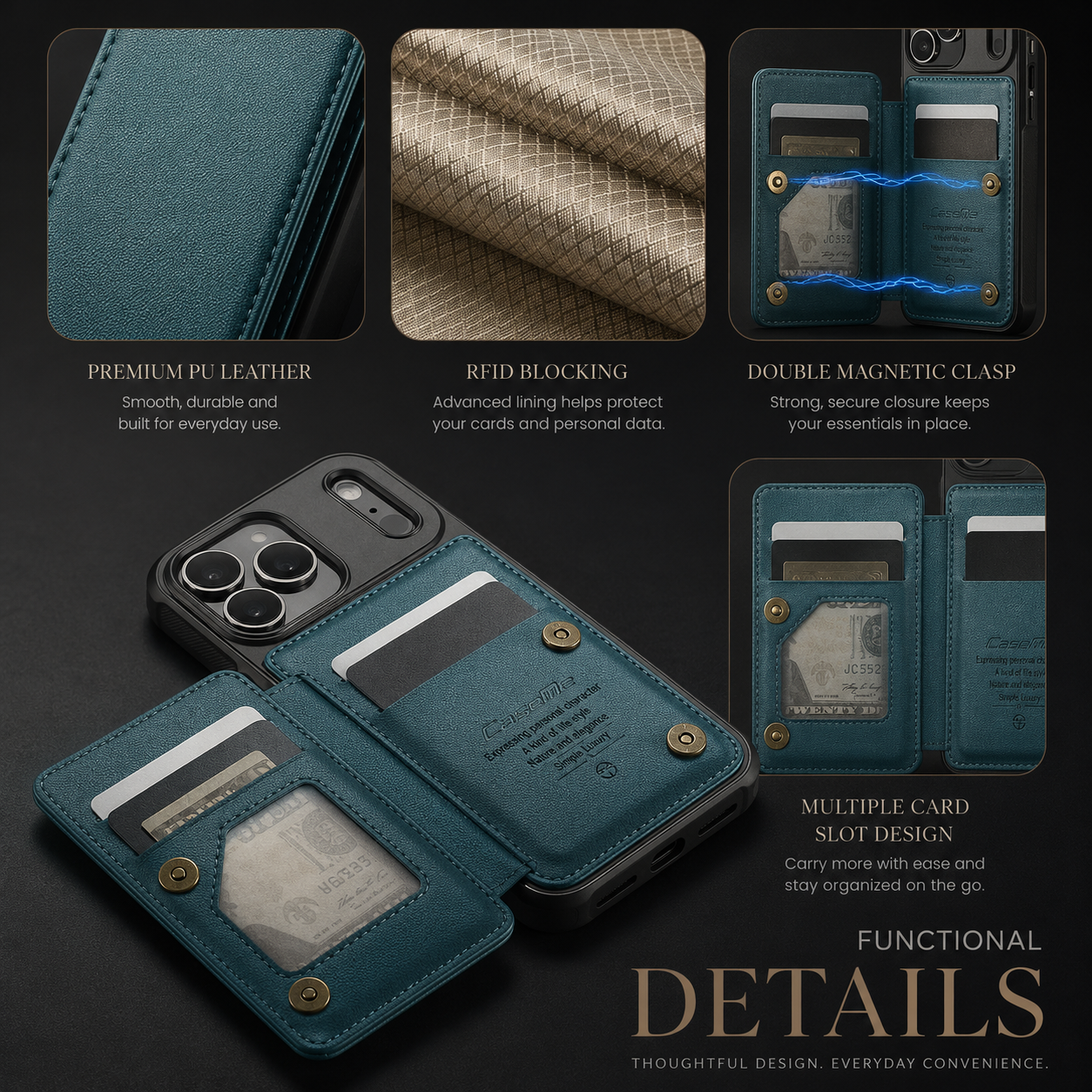 Premium iPhone Case Leather RFID Card Wallet Cover, Shockproof Protective Design with Magnetic Closure, Anti-Fingerprint Finish and Non-Slip Grip