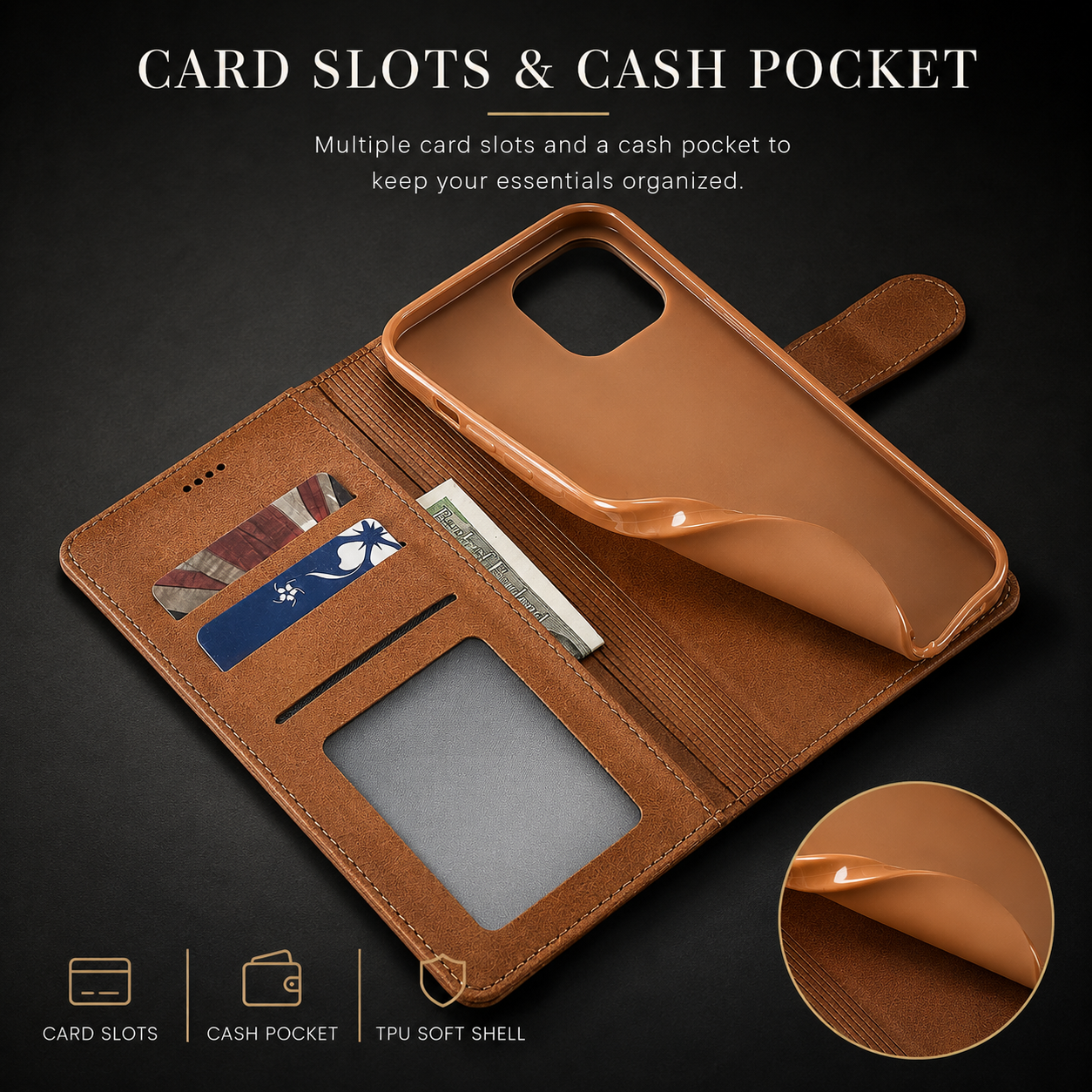 Premium iPhone Case Leather Wallet Flip Cover Card Slot Camera Lens Protection Magnetic Closure Shockproof Full Body Slim Design