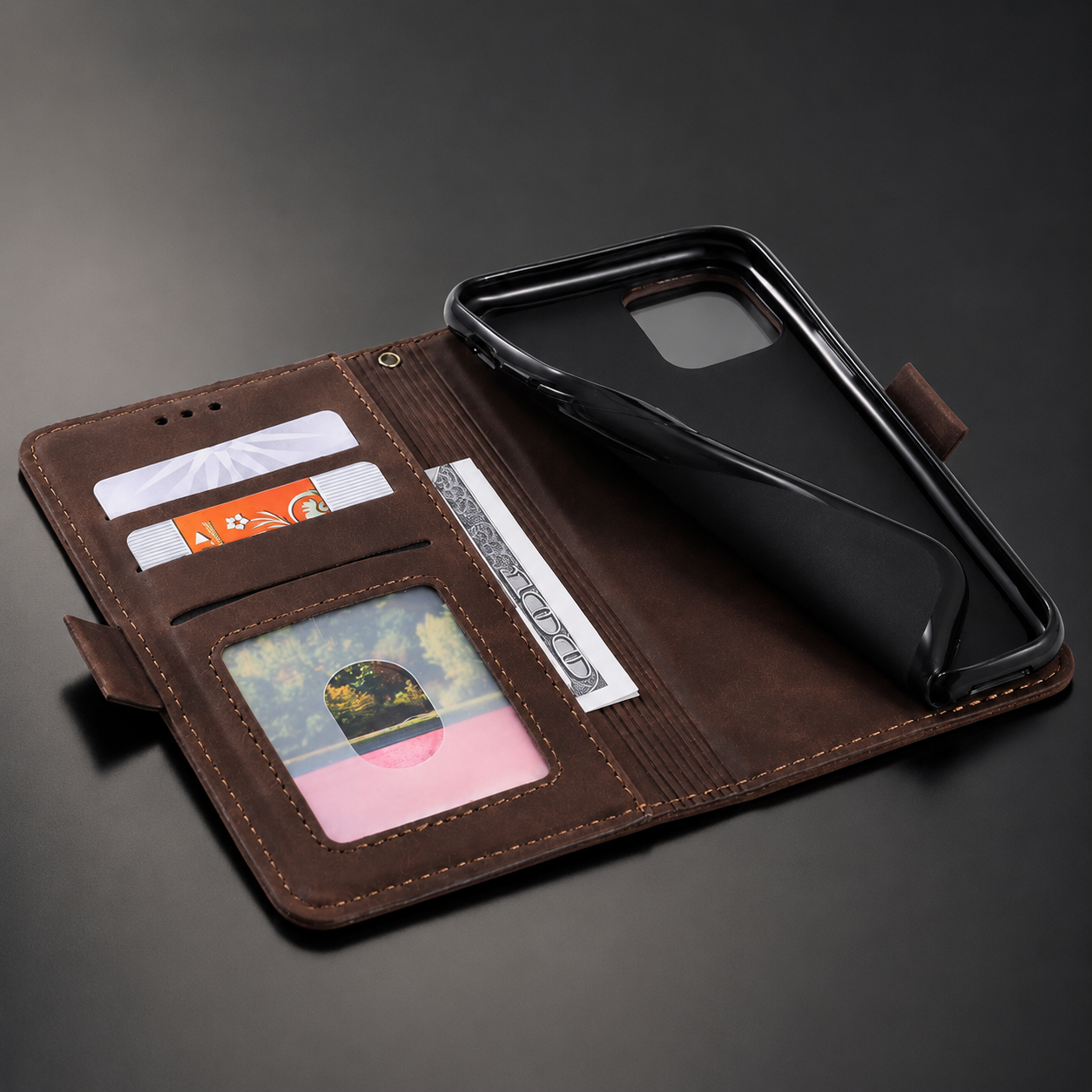 Premium iPhone Case Leather Wallet Flip Cover Card Slots Magnetic Closure Shockproof Stand Function Full Body Protection Slim Elegant Business Style
