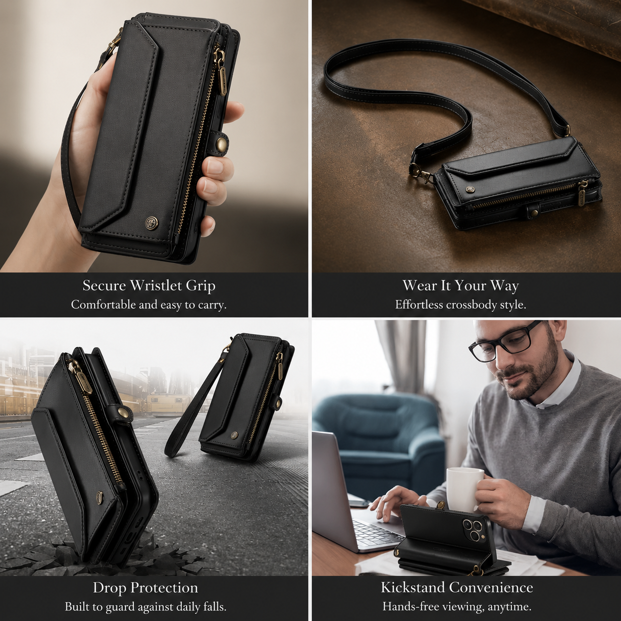 Premium iPhone Case Leather Zip Wallet Crossbody RFID Protection Card Holder Zipper Pocket Wristband Shockproof TPU Anti Scratch Full Coverage Design