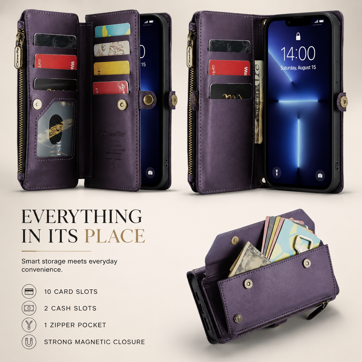 Premium iPhone Case Leather Zip Wallet Crossbody RFID Protection Card Holder Zipper Pocket Wristband Shockproof TPU Anti Scratch Full Coverage Design