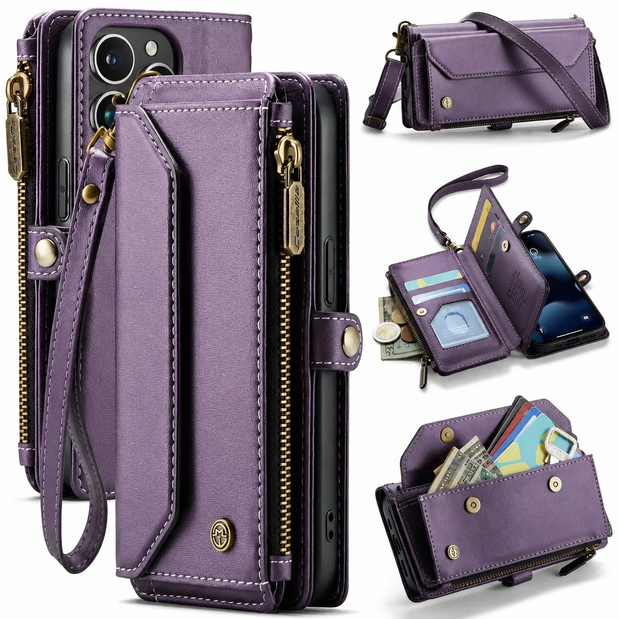 Premium iPhone Case Leather Zip Wallet Crossbody RFID Protection Card Holder Zipper Pocket Wristband Shockproof TPU Anti Scratch Full Coverage Design