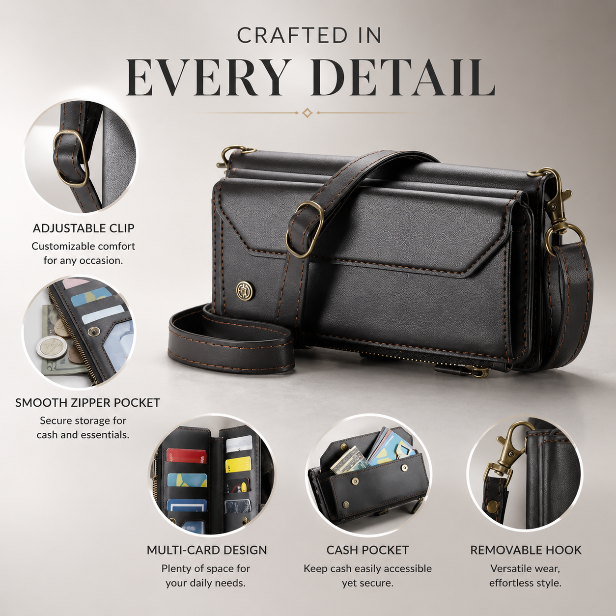 Premium iPhone Case Leather Zip Wallet Crossbody RFID Protection Card Holder Zipper Pocket Wristband Shockproof TPU Anti Scratch Full Coverage Design