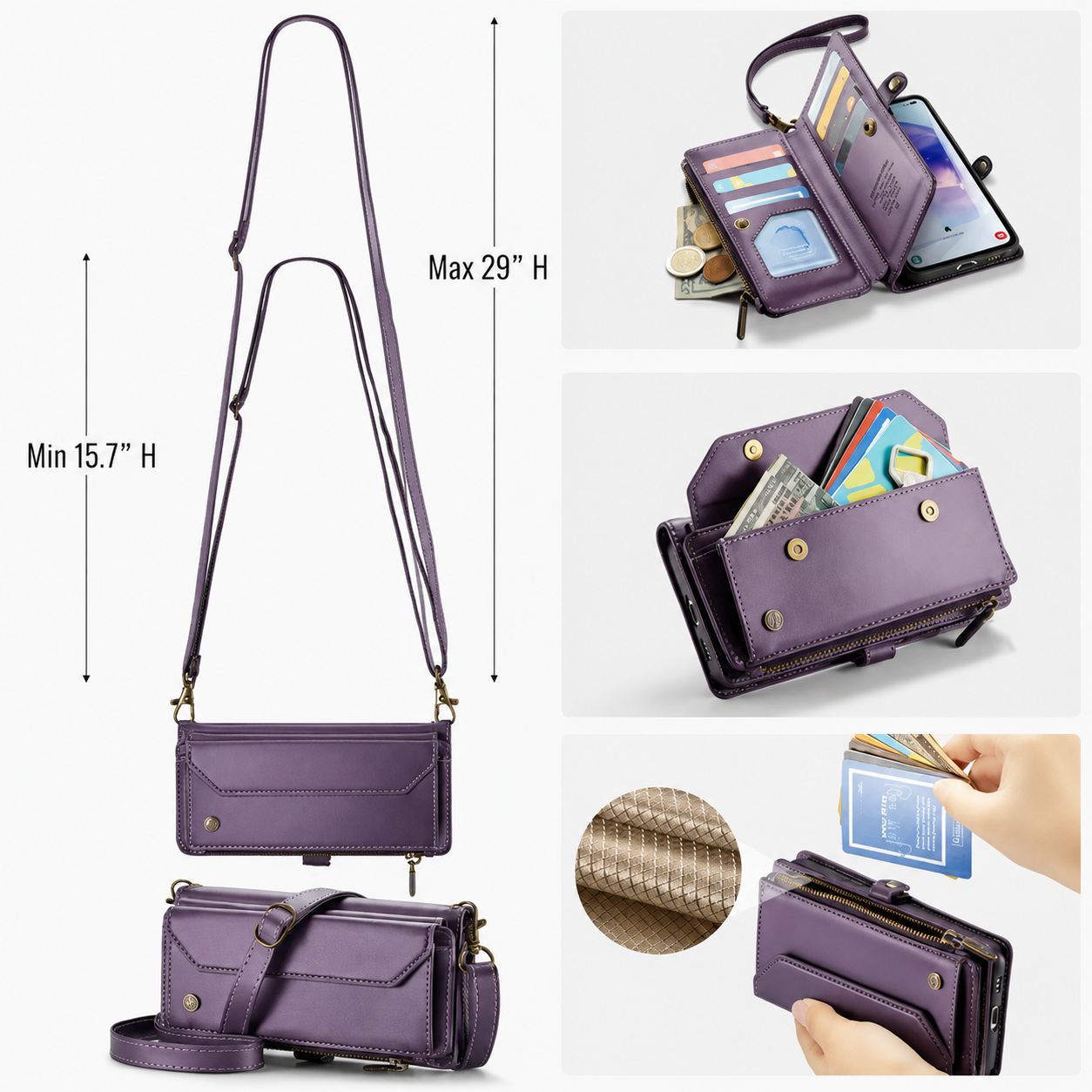 Premium iPhone Case Leather Zip Wallet Crossbody RFID Protection Card Holder Zipper Pocket Wristband Shockproof TPU Anti Scratch Full Coverage Design