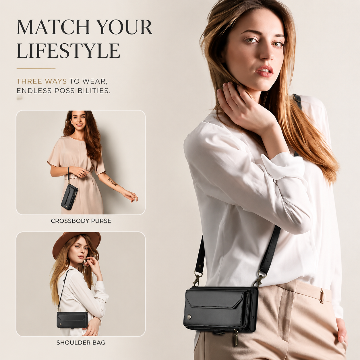 Premium iPhone Case Leather Zip Wallet Crossbody RFID Protection Card Holder Zipper Pocket Wristband Shockproof TPU Anti Scratch Full Coverage Design