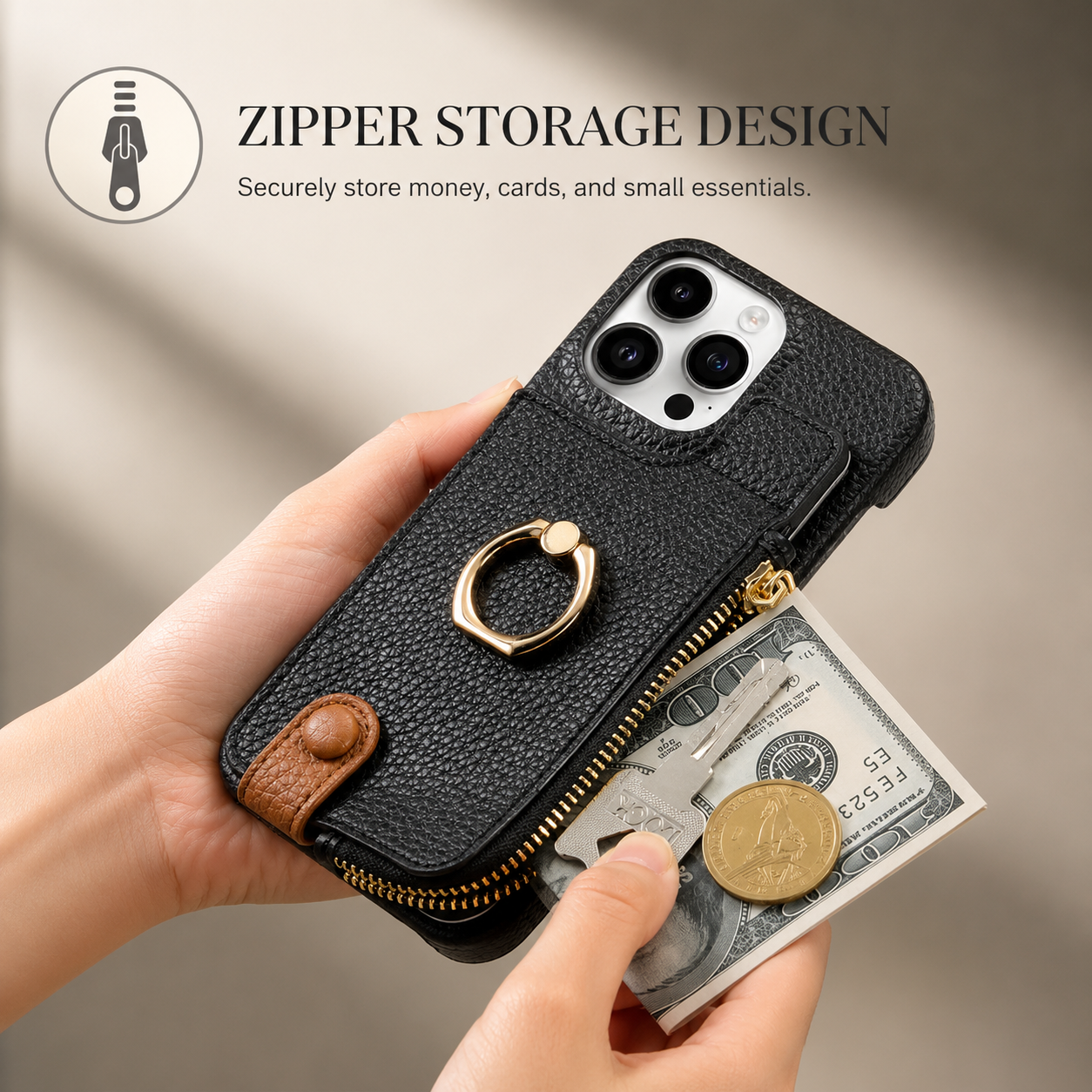 Premium iPhone Case Leather Zipper Wallet Cover Card Holder Ring Kickstand Camera Lens Protection Magnetic Closure Shockproof Slim Design