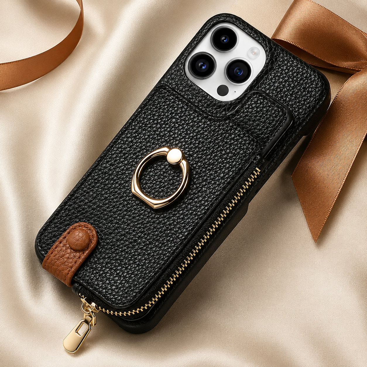 Premium iPhone Case Leather Zipper Wallet Cover Card Holder Ring Kickstand Camera Lens Protection Magnetic Closure Shockproof Slim Design