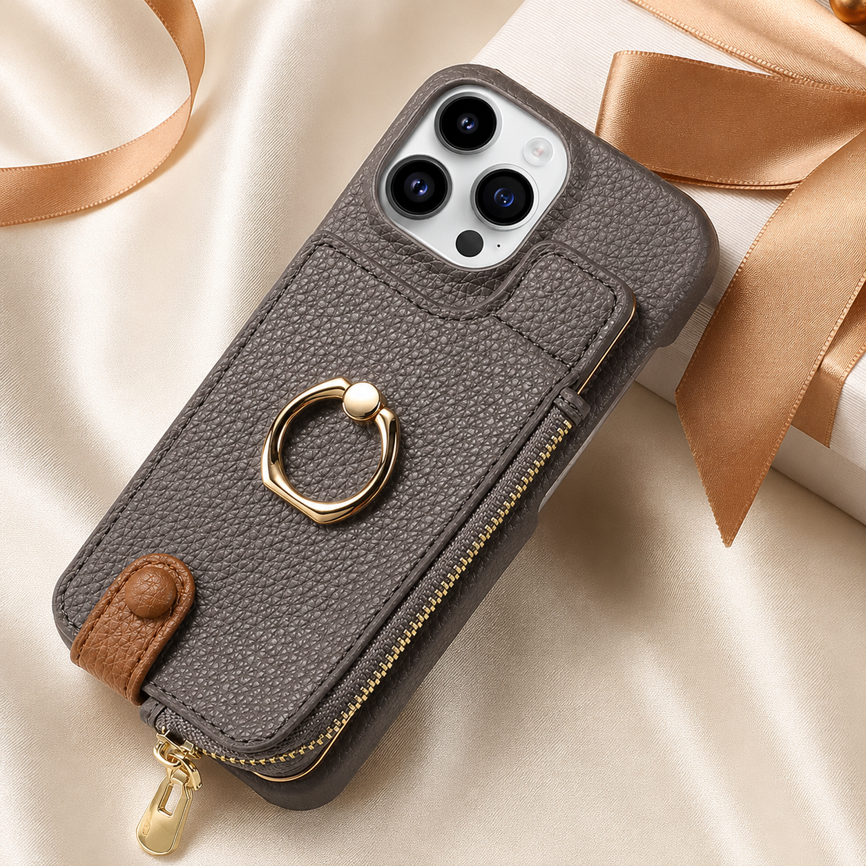 Premium iPhone Case Leather Zipper Wallet Cover Card Holder Ring Kickstand Camera Lens Protection Magnetic Closure Shockproof Slim Design