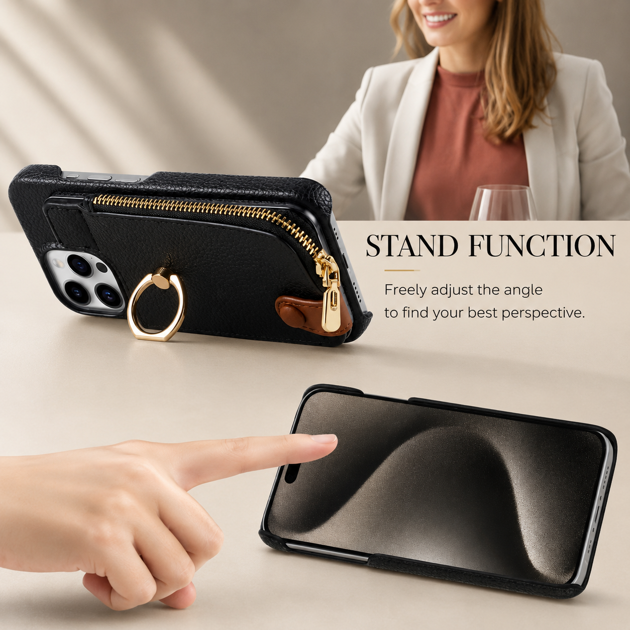 Premium iPhone Case Leather Zipper Wallet Cover Card Holder Ring Kickstand Camera Lens Protection Magnetic Closure Shockproof Slim Design