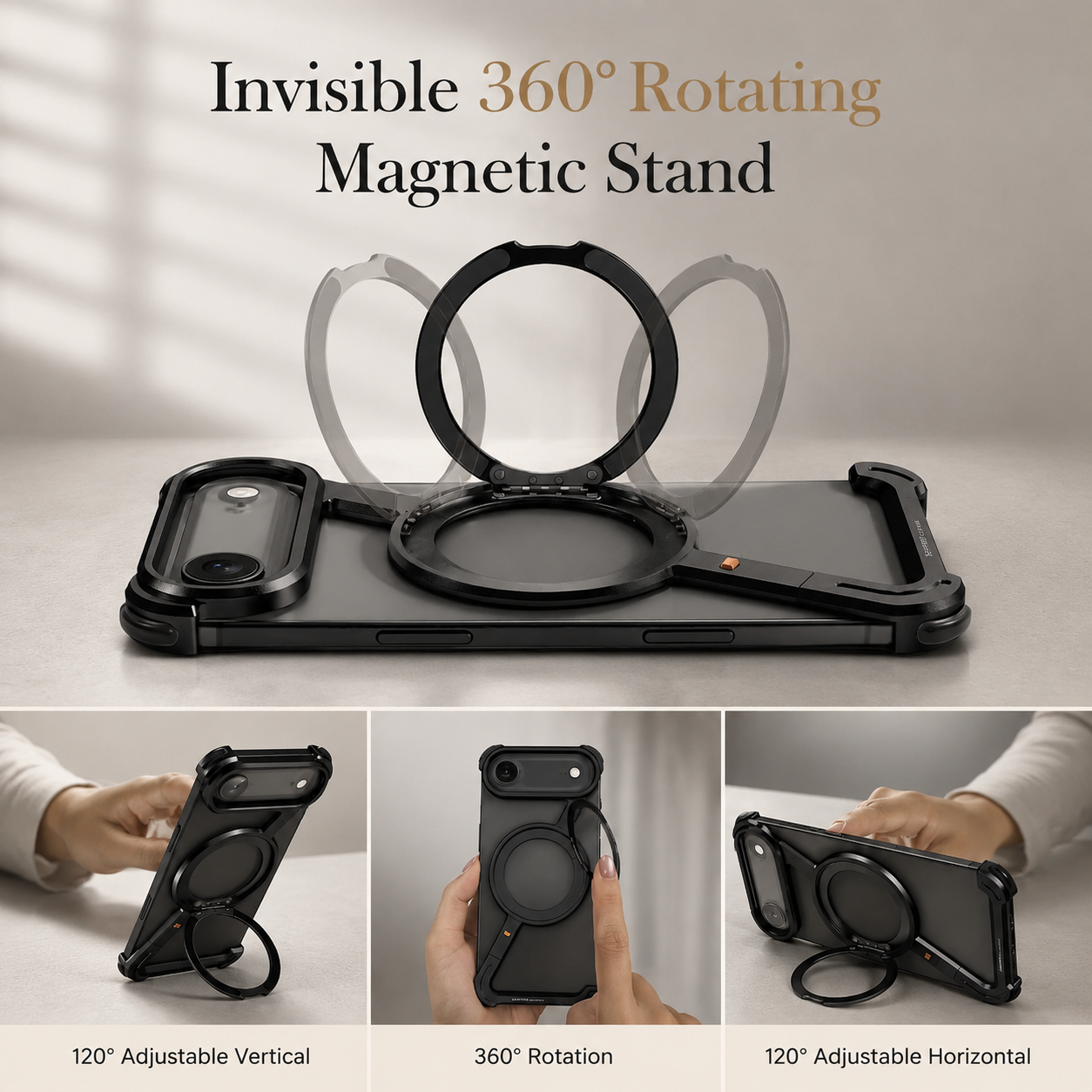 Premium iPhone Case MagSafe Compatible Aluminum Alloy Bumper with Camera Lens Protection, Rotating Stand Function, Air Cushion Shockproof Design