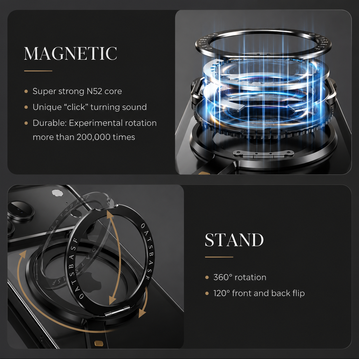 Premium iPhone Case MagSafe Compatible Aluminum Alloy Bumper with Camera Lens Protection, Rotating Stand Function, Air Cushion Shockproof Design