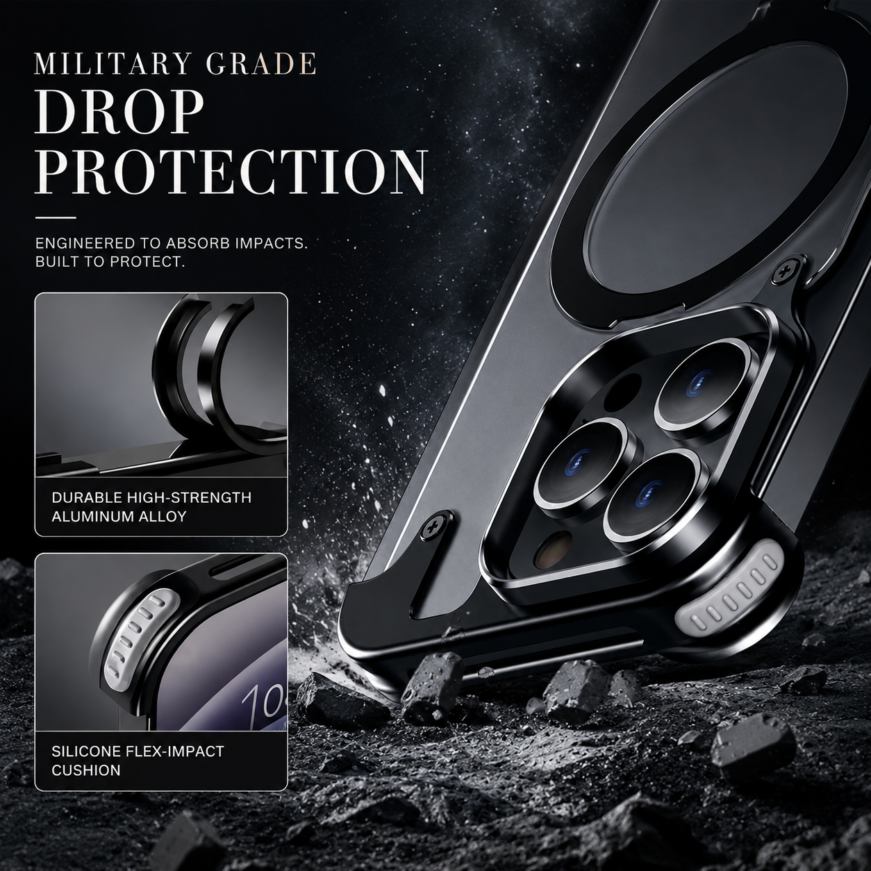 Premium iPhone Case MagSafe Compatible Aluminum Frame Protective Cover Built In Stand Camera Lens Protection Shockproof Ultra Thin Frameless Design