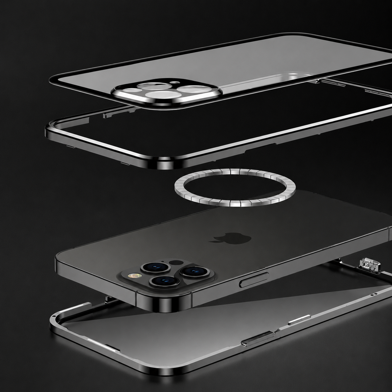 Premium iPhone Case MagSafe Compatible Aluminum Frame Tempered Glass Full Body Protective Cover Camera Lens Protection Shockproof Transparent Design