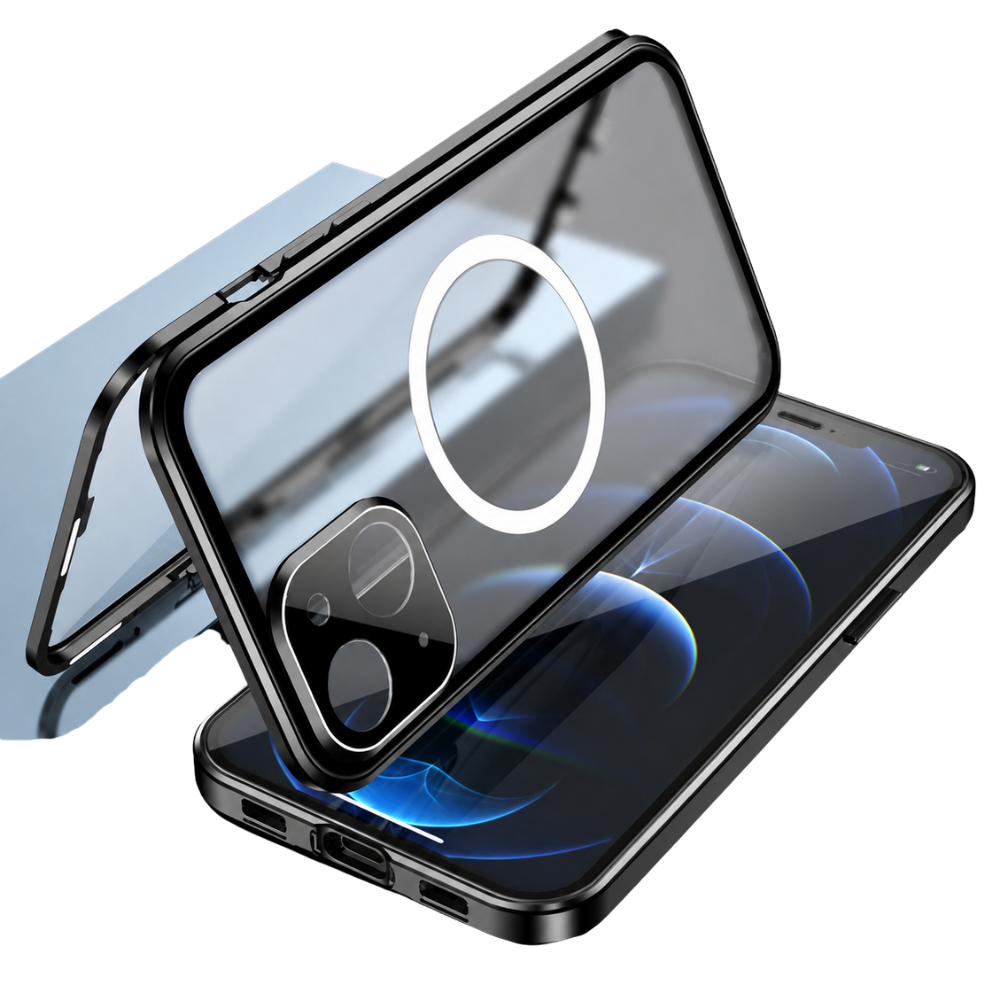 Premium iPhone Case MagSafe Compatible Aluminum Frame Tempered Glass Full Body Protective Cover Camera Lens Protection Shockproof Transparent Design