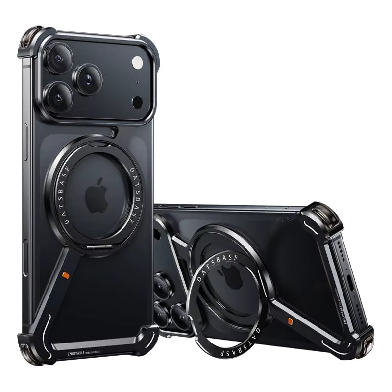 Premium iPhone Case MagSafe Compatible Aluminum Magnetic Protective Cover 360° Rotating Ring Stand Camera Lens Protection Shockproof Frameless Design
