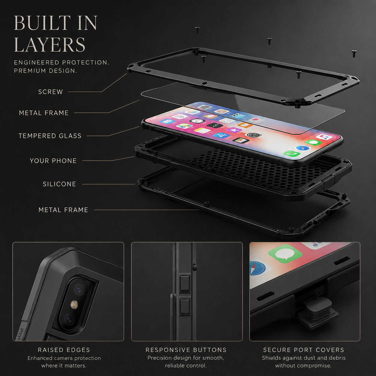 Premium iPhone Case MagSafe Compatible Aluminum Metal Frame Protective Cover Tempered Glass Screen Camera Lens Protection Waterproof Shockproof Full Body